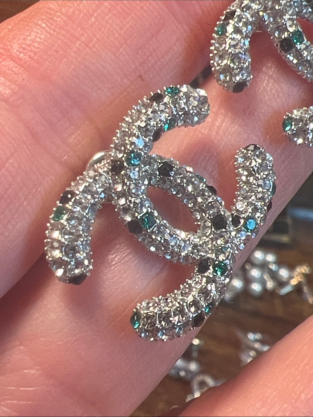 Crystal-Embellished CC-Style Earrings in Silver with Green Accents - Picture 3 of 7